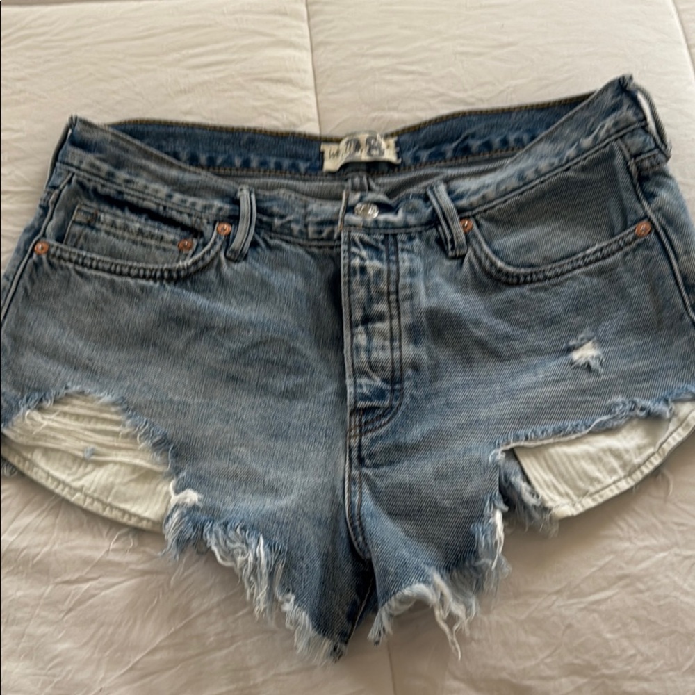 We The Free Blue High-Waisted Distressed Jean Shorts